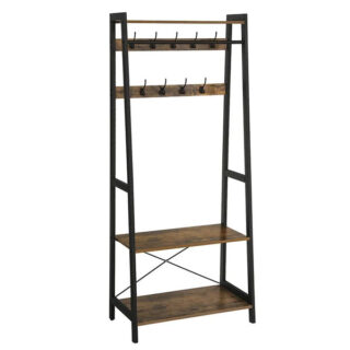 Iron Framed Coat Rack With Two Storage Shelves And Hanging Rail, Brown And Black