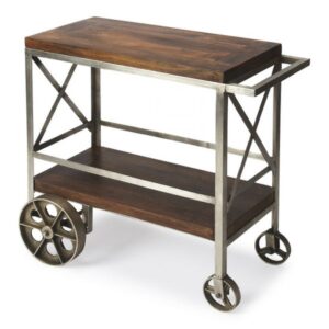 DARK WOOD & SILVER METAL FRAME INDUSTRIAL BAR CART